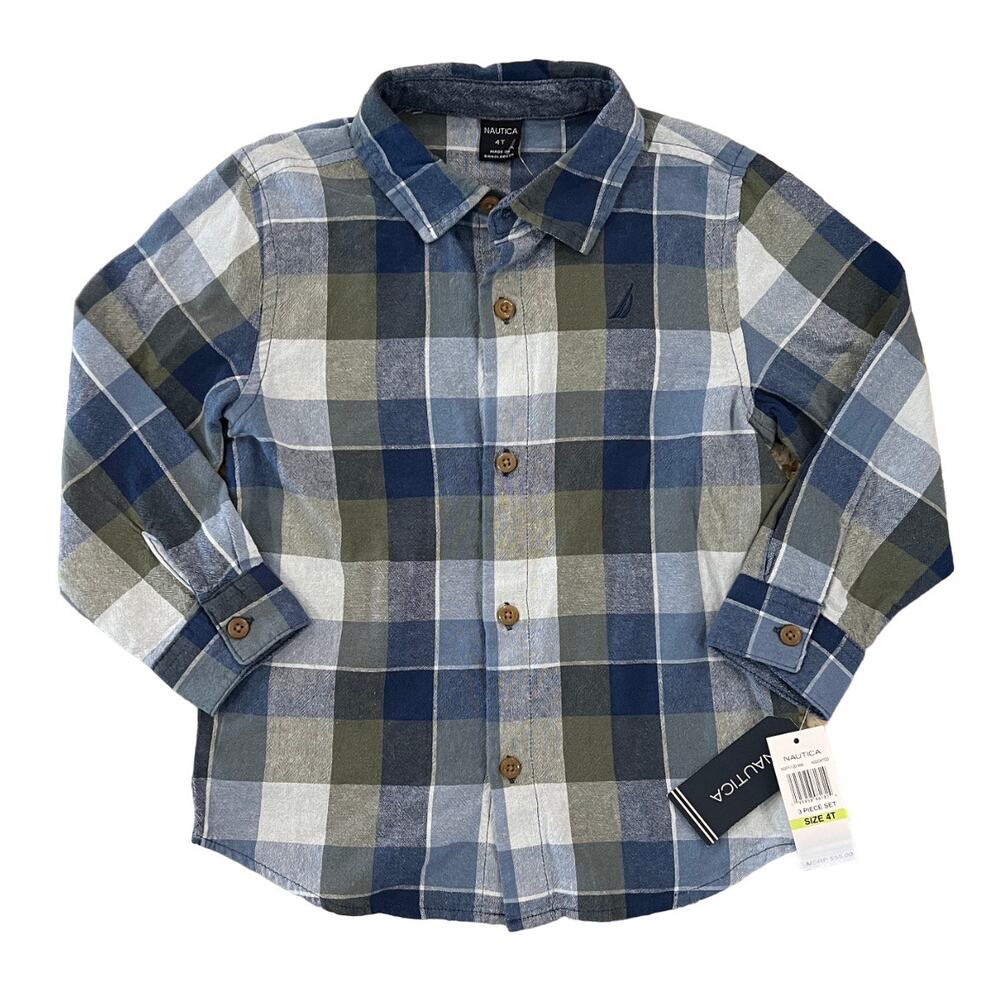 Nautica Boys' Blue & Green Plaid Long Sleeve Button Shirt - SIZE 4T (Shirt only)